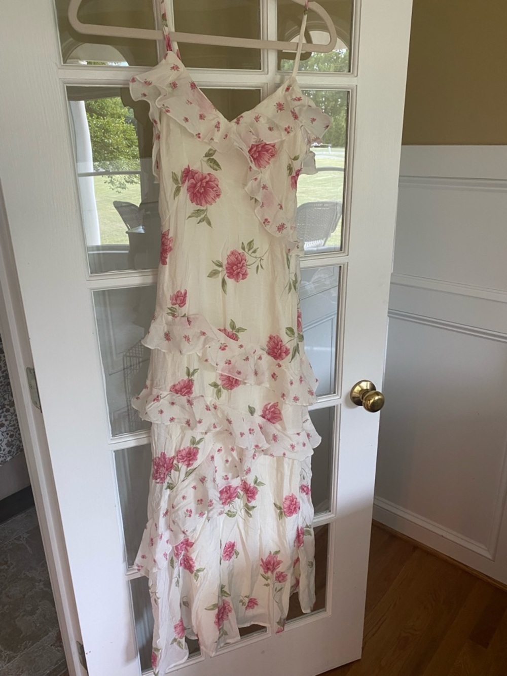 White Floral Ruffle Maxi Dress with Pink Roses